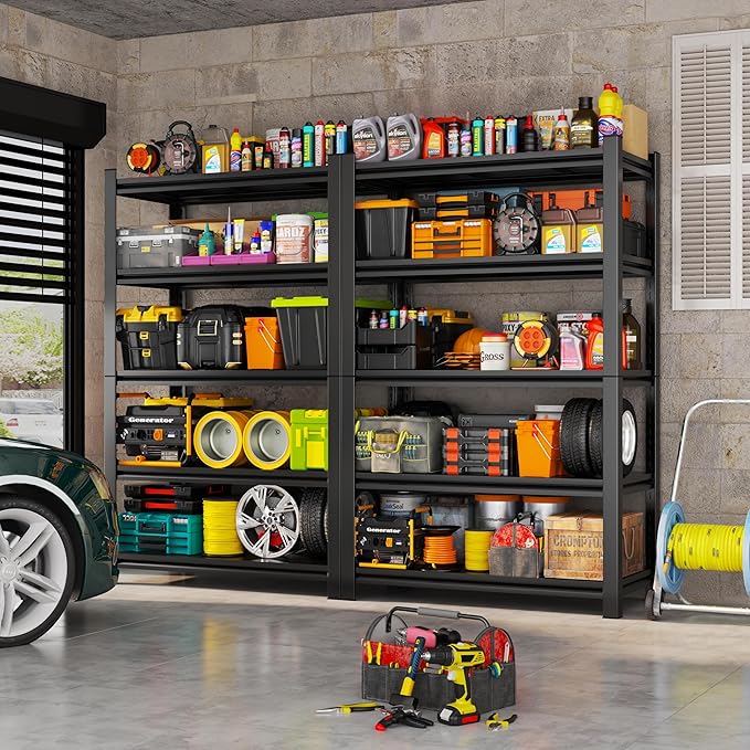 39.4''W Storage Shelves, 4-Tier Garage Metal Shelving Unit, Adjustable, Double-Layer Column with Reinforced Ribs, Heavy-Duty, Capable of Bearing 2800 lbs Suitable for Garage, Warehouse
