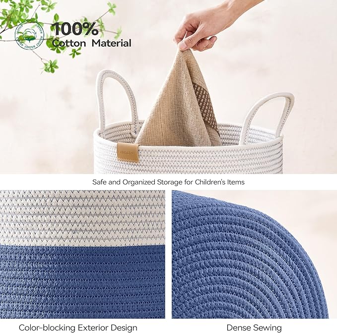 Laundry Hamper 95L,Large Laundry Basket for Clothes,Decorative Storage Basket for Blankets,Cotton Rope Woven basket for bedroom,Navy Blue
