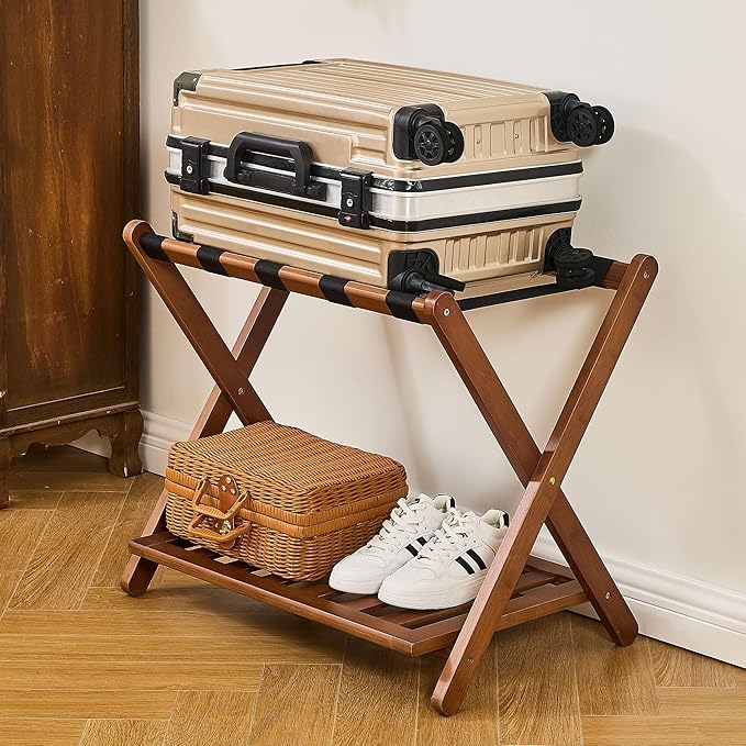 Fully Assembled Walnut Luggage Racks Set of 2, Bamboo Luggage Rack Stand for Guest Room, 5 Nylon Straps, 26.77" Folding Suitcase Stand with Storage Shelf for Bedroom Hotel, Holds up to 165 Lbs