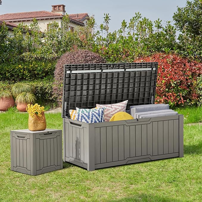 YITAHOME 120 Gallon Large Deck Box, Resin Outdoor Storage Box for Outdoor Pillows, Garden Tools and Pool Supplies, Waterproof, Lockable, Taupe