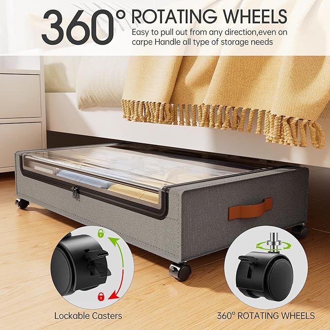Yecaye 4 Pack Under Bed Storage with Wheels, Under Bed Storage Containers with Lids, Large Under Bed Rolling Storage with Clear Window & Label, Rolling Drawers for Clothes, Blankets, Books