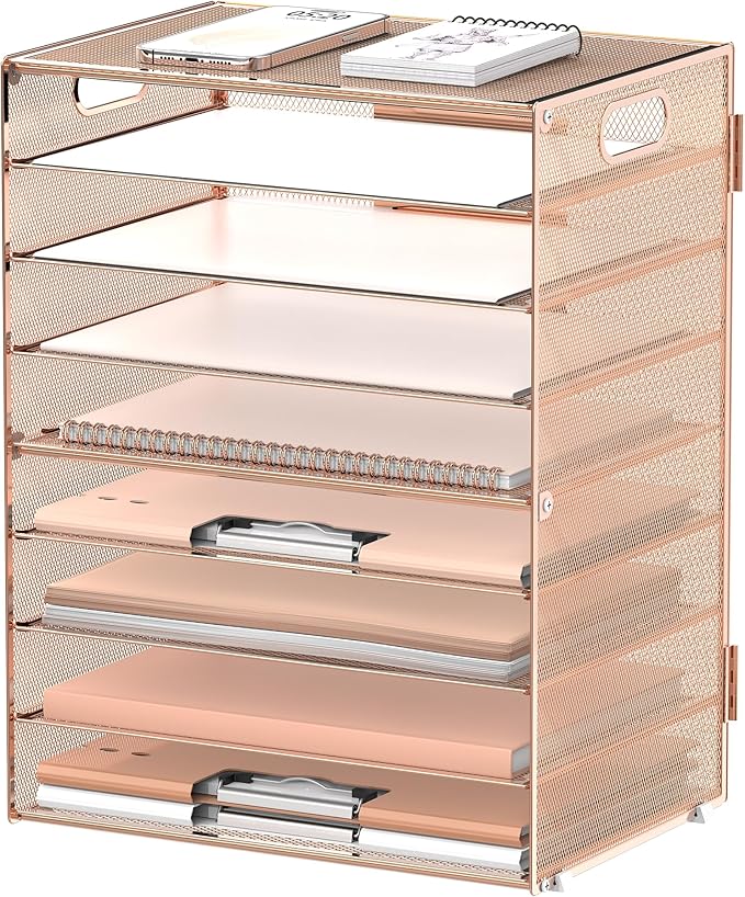 DALTACK 9-Tier Paper Letter Tray Desk Organizer with Handles, Mesh File Holder Organization, File Organizer for Desk Paper Sorter for Office Home School, Gold Rose