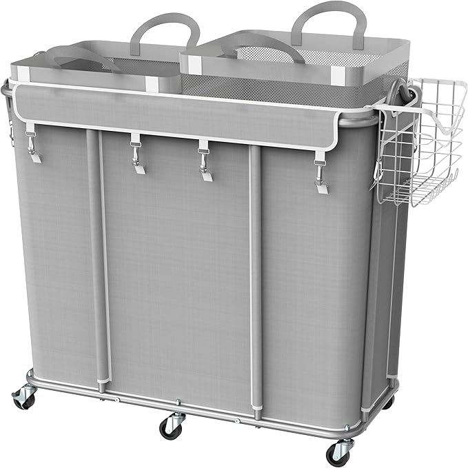Simple Houseware Extra Large 2 Section Rolling Laundry Cart 265L (70 Gal) – Heavy Duty Hamper with 2 Removable Bags & 6 Smooth Wheels – Commercial Laundry Organizer for Home, Hotel, Dorm, Gym, Gray