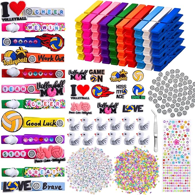 80 Set Cheer Pins Volleyball Spirit Clips, Include 80 Wooden Cheer Colored Clothes Pins 300 Letter Beads 120 Mini Volleyball Decor for Team Gifts for Cheerleading Backpacks Cheer Gifts Bulk