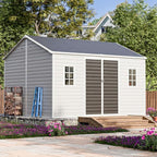 10x12 FT Large Resin Plastic Shed with Floor, Heavy-Duty 21-Gauge Reinforced Steel Frame, 16mm Ultra-Thick Panels, Estate-Size Storage Sheds with 2 Awning Windows for Tractors & Patio Furniture