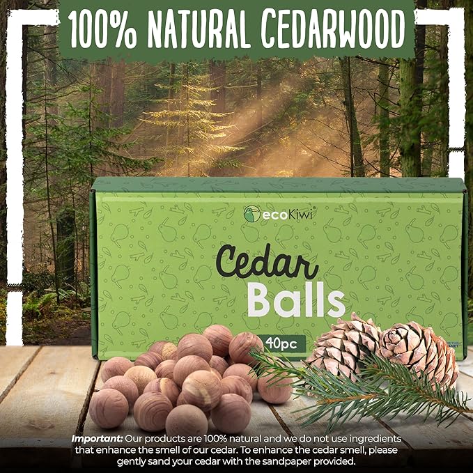ecoKiwi Cedar Balls for Clothes Storage 40 Pack - 100% Natural Red Cedar Blocks for Clothes Storage - Aromatic Cedar Chips for Closets & Drawers - Cedarwood Oil Planks with Sandpaper & 3 Cotton Bags