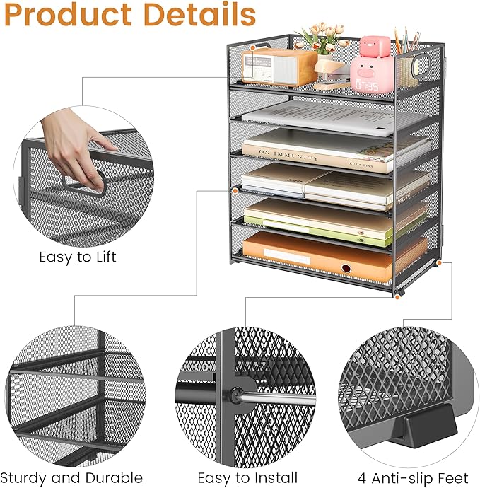 Subekyu 6 Tier Paper Organizer for Desk with Handle, Metal Mesh Desk Office File Folder Paper Letter Tray Accessories Organizer Sorter for Home, School, Office Desktop Document Organization - Gray