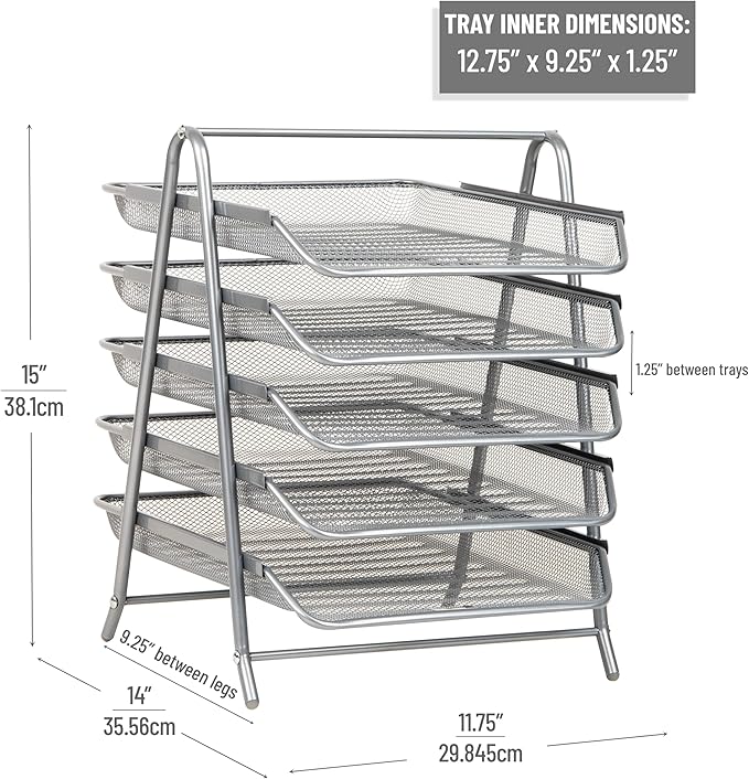 Mind Reader 5-Tier Paper Tray Organizer, Vertical Desktop File Storage Rack, Office, Metal Mesh, Silver