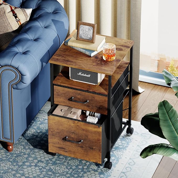 DEVAISE 2 Drawer Mobile File Cabinet, Rolling Printer Stand with Open Storage Shelf, Fabric Vertical Filing Cabinet fits A4 or Letter Size for Home Office, Rustic Brown Wood Grain Print