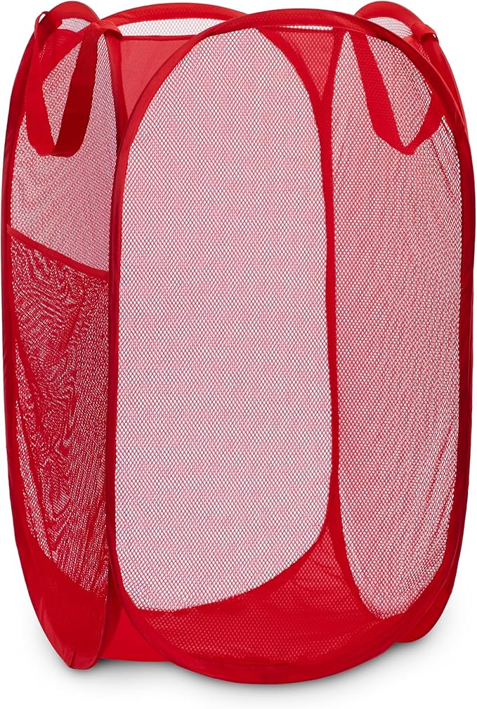 Handy Laundry Collapsible Mesh Pop Up Laundry Hamper with Side Pocket – Breathable, Space-Saving, Durable Basket for Clothes, Toys, Travel & Storage, 14 x 13 x 24 in, Red