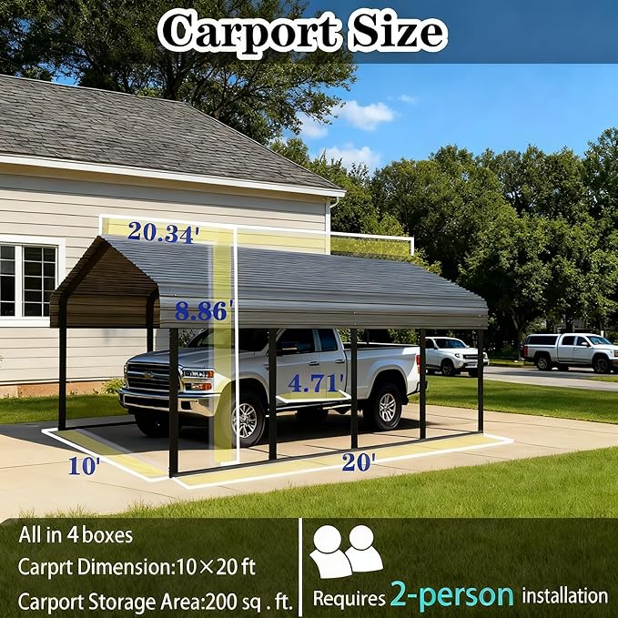 Heavy Duty Metal Carport Galvanized Steel All Weather Carport Canopy with Anchor Kit for RV Boat Truck Tractor Garage Shelter in 10x20 12x20 20x20 20x30 20x40 FT Easy Assembly Carports Kit (10x20 FT)