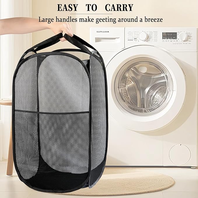 2 Pack Laundry Basket,Foldable Mesh Pop-up Laundry Hamper with Durable Handle,Easy to Open and Fold for Dorm, Laundry Room, Bedroom, RV… (White+Black)