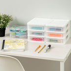 IRIS USA Plastic Stacking Desk Top 3-Drawer Storage Organizer, 2-Pack, for Makep Vanity Nail Polish Bathroom Stationery Art Craft Supplies Kitchen Office Garage and Small Organization, Small, White