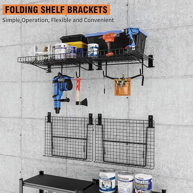 6 Pack Foldable Wall Shelf, Wall Mounted Garage Storage Shelves, Heavy Duty Wall Shelving Supports Up To 270 LBS. Floating Shelves With 12 Hooks Metal Storage Rack for Office, Kitchen and Laundry Room