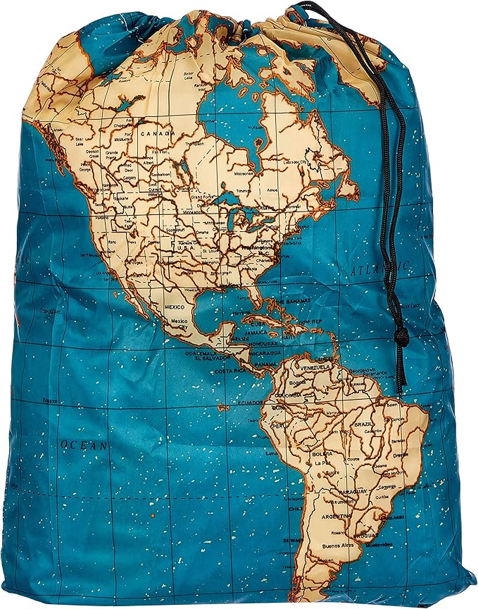 Kikkerland Travel-Size Laundry Bag, World Map Design Heavy Duty Laundry Bag, Polyester, Built-in Pouch, Inner Loop and Carabineer, Multicolor
