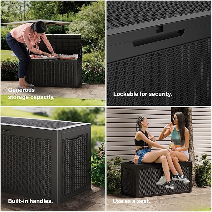 150 Gallon Outdoor Storage Box Patio Deck Box Waterproof, Resin Lockable Outside Large Storage Bin for Pool Cushion Furniture, Garden Tools UV-Resistant, Black