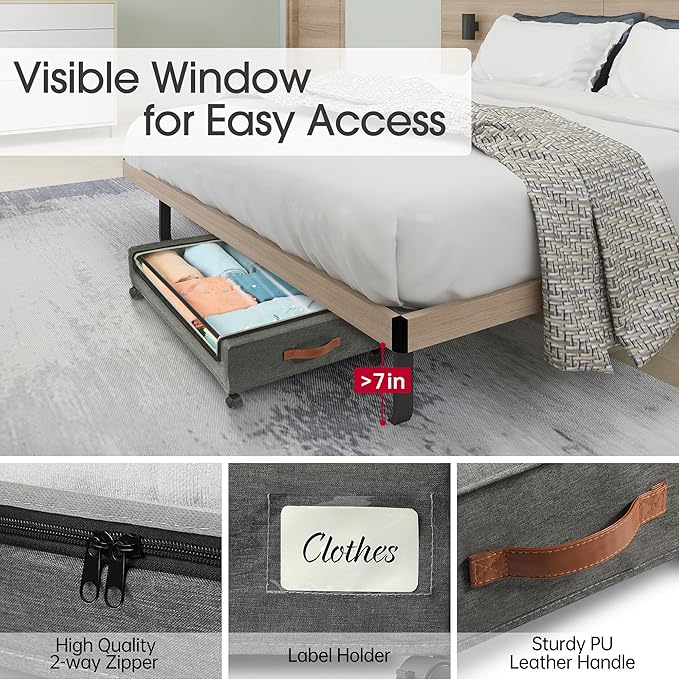 Yecaye Under Bed Storage with Wheels, 4 Pack 60L Under Bed Rolling Storage with Clear Window & Label, Underbed Storage Containers, Rolling Under Bed Metal Drawer for Clothes, Shoes, Books
