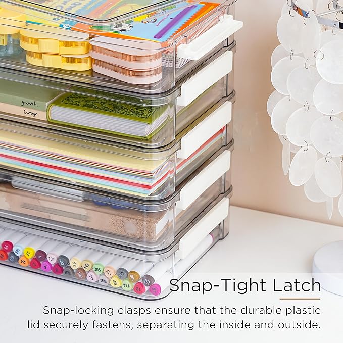 Citylife 5 PCS 6 Qt Plastic Storage Bins with Lids and Latches, Portable Project Case for Drawers, Clear Stackable File Box for Organizing A4 Paper, Letters, Documents, Art Supplies, and Crafts