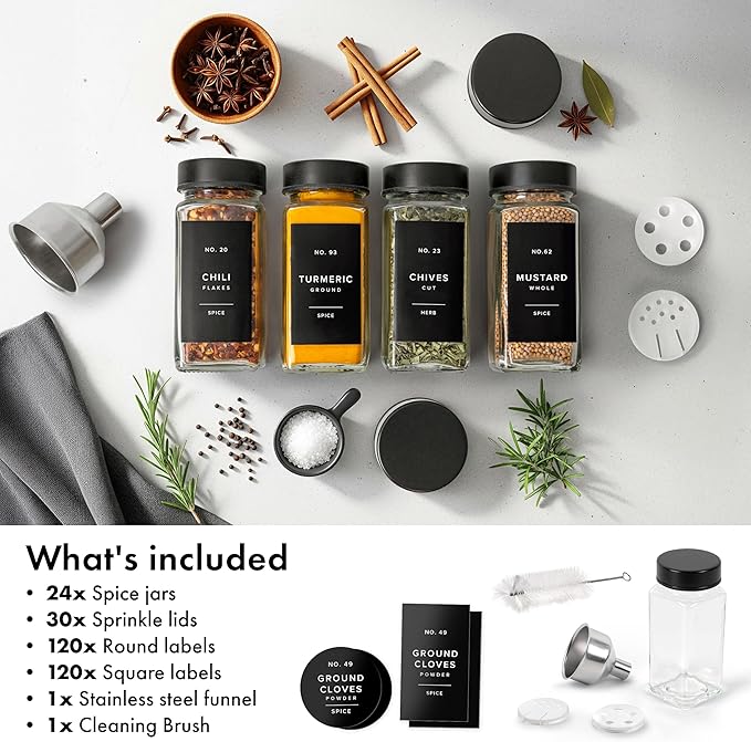 Glass Spice Jars with Label and Black Lids (24 x 4oz) Spice Containers with 240 Labels, Shaker Inserts, Steel Funnel, Empty Square Empty Square Seasoning Organizer