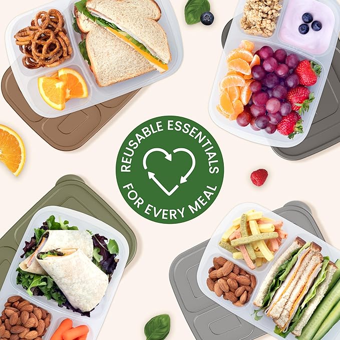 Bentgo Easyboxes - Original Stackable Lunch Boxes - Reusable 3-Compartment Food Containers for Kids and Adults - Bento Lunch Box for Meal Prep, School, & Work - BPA Free, Set of 4 (Earth Tones)