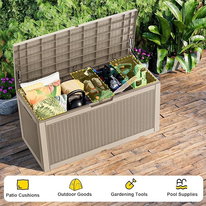 120 Gallon Deck Box Outdoor, Waterproof Outdoor Storage Boxes with Lids, Outside Resin Lockable Storage Box for Patio Cushions, Garden Tools(Grey)