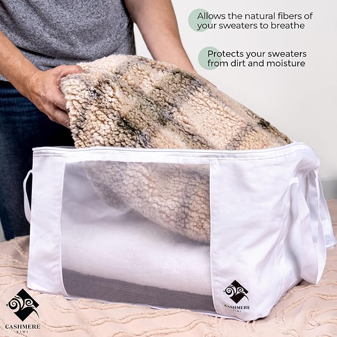 Cashmere Sweater Storage Bags | with Moth Protection Cedar | Breathable & Washable Cotton Bag | Suitable For Sweaters, Merino Wool, Scarves and more