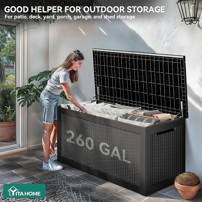 YITAHOME 260 Gallon XXL Large Deck Box, Outdoor Resin Storage Box, Lockable Storage Container for Patio Cushions, Furniture, Garden Tools, Water Resistant (Black)
