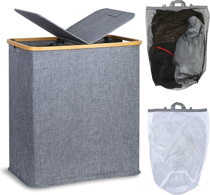 efluky Laundry Hamper with Lid, Double Laundry Hamper with 2 Removable Bags, 2 Section Laundry Basket with Bamboo Handles for Bathroom, Bedroom & Laundry Room, 140L (36.9 Gallon) Blue Grey