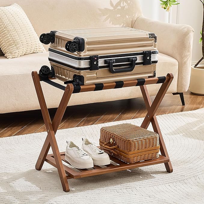 Fully Assembled Walnut Luggage Racks Set of 2, Bamboo Luggage Rack Stand for Guest Room, 5 Nylon Straps, 26.77" Folding Suitcase Stand with Storage Shelf for Bedroom Hotel, Holds up to 165 Lbs