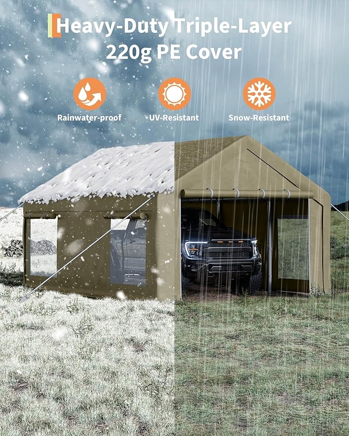 GarveeLife 13x20 ft Portable Garage, Car Port with 220 g PE Tarp Cover, with Front & Rear Roll-Up Doors and 4 Windows, for Temporary Paint Booth, Boats&Pickups Shed, and Event Shelter, Khaki