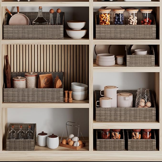 Ollieroo Rattan Storage Baskets, Handwoven Wicker Storage Bins with Built-in Handles, Storage Container Baskets for Shelves, Bedroom, Bathroom, Laundry Room or Kitchen(Brown)