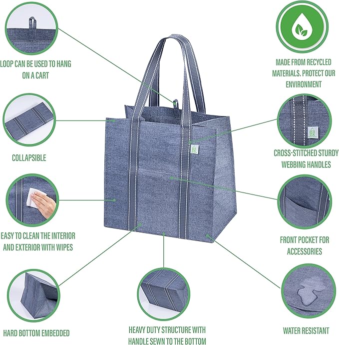 VENO 4 Pack Reusable Grocery Bags, Heavy-Duty Shopping Bags with Handles, Bags for Shopping Cart with Hard Bottom to Stand Upright, Foldable, Multi-Purpose(Gray, 4 Pack)