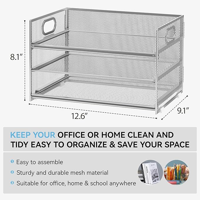 Subekyu 3 Tier Paper Desk Organizer with Handle and 1 PC Slideable Letter Tray, A4 Paper File Folder Sorter Metal Mesh Organizer for Home Office School Desk Supplies Organization Storage, Silver