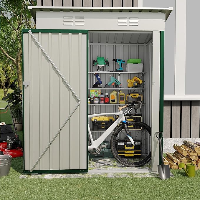 5×3FT Storage Shed，67CU.FT Tool Shed with Sloping Roof and Lockable Door, Compact Metal Tool Garden Shed for Garden, Backyard, Patio