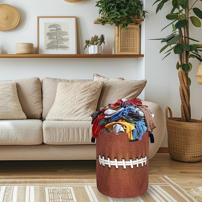 Funny Football Laundry Basket Oxford Cloth Ball Texture Laundry Hamper With Handle Foldable Portable Clothes Storage Basket Football Laundry Bag 18.9"x16.5" For Laundry Room/Bedroom/Bathrooms