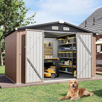 Aoxun Outdoor Storage Shed with Floor - 10x8 FT Metal Shed with Lockable Doors & Air Vents, Waterproof Outside Storage Shed for Tool, Garbage Can, Bike, Mower, for Backyard Garden Patio, Brown