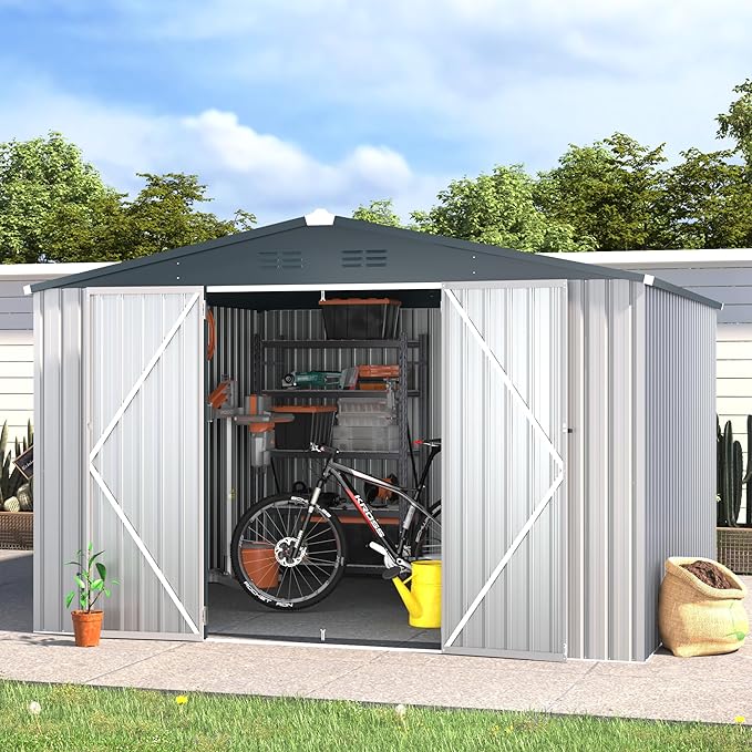 ACOJOY 10'x10' Shed, Large Metal Storage Sheds & Outdoor Clearance, Steel Backyard Shed with Lockable Doors, Utility and Tool Storage for Garden, Patio, Outside Use in White