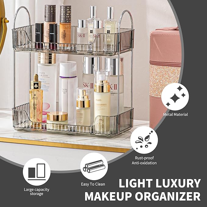 2 Tier Bathroom Organizer Countertop Makeup Perfume Tray Skincare Organizer for Bathroom Dresser Vanity (Grey)