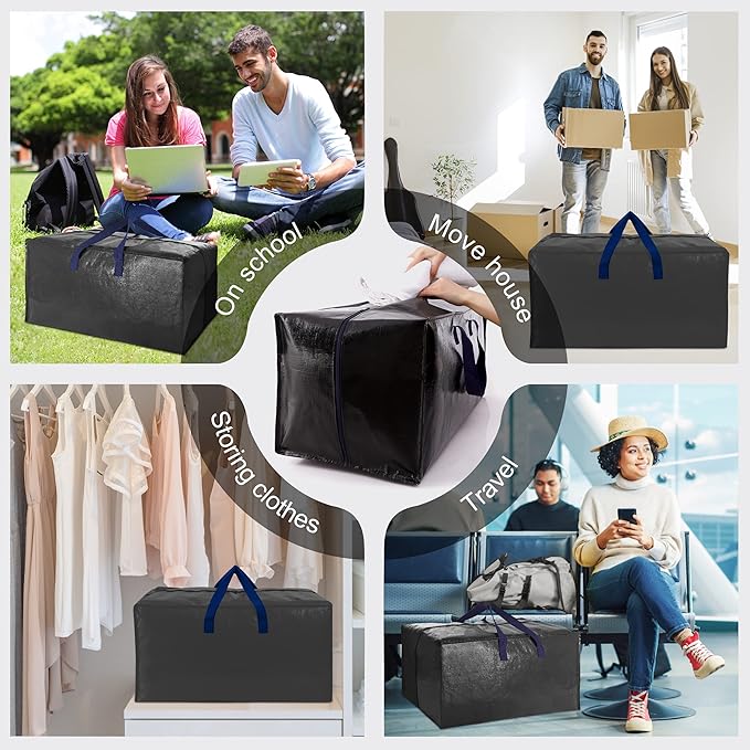 Heavy Duty Extra Large Moving Bags W/Backpack Straps - Strong Handles & Zippers, Storage Totes For Space Saving, Fold Flat, Alternative to Moving Box and Storage Bin (Set of 6, Black)