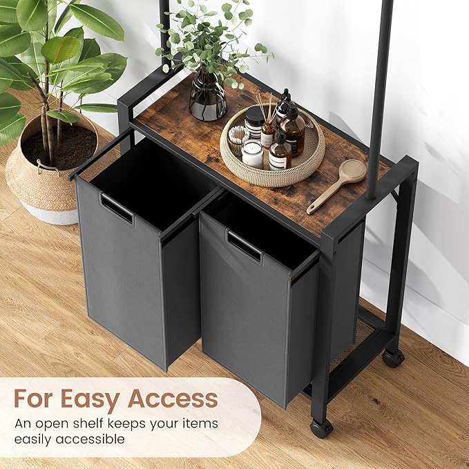 Laundry Sorter, Rolling Laundry Hamper 2-Section with Hanging Rack & Wheels,Laundry Basket Organizer for Laundry Room, Rustic Brown