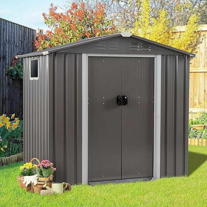 Vongrasig Outdoor Storage Shed, 6 x 4 FT Outside Metal Garden Shed with Large Window and Lockable Door, Waterproof Tool Shed for Backyard Patio, Lawn and Garden (Gray)