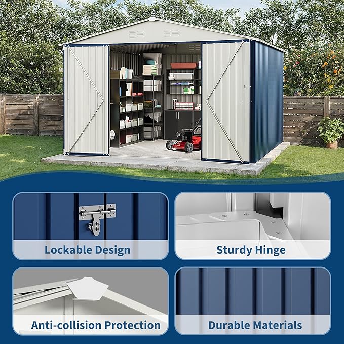 10 X 10 FT Outdoor Storage Shed,Metal Garden Sheds&Outdoor Storage, Lockable Gable Roof Garden Tool Shed, All-Weather Resistant Storage Unit for Bikes, Ladders, Patio Supplies & Garden Essentials