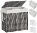 SONGMICS 130L Clothes Hamper with Lid, 2 Removable Liner Bags, 6 Mesh Bags, Wicker, Double Laundry Basket for Bathroom, 13 x 26 x 23.6 Inches, Gray ULCB253G01
