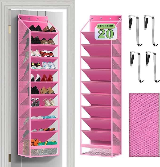 10 - Pocket Over - the - Door Hanging Shoe Organizers & Rack, Made of Sturdy 600D Oxford + Non - Woven Fabric, Space - Saving Storage for Shoes, Boots & More (Pink)