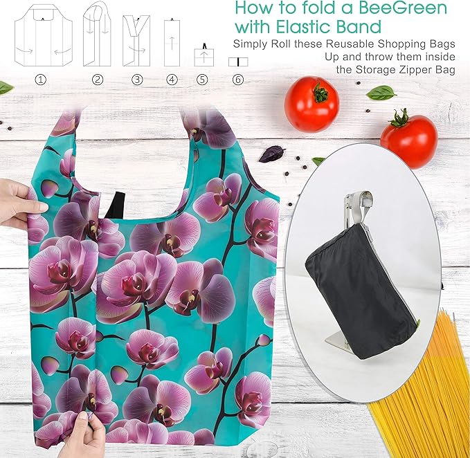BeeGreen 10 Pack Washable Floral Grocery Bags for Shopping Reusable Tote Bags Extra Large 50LBS Cute Flower Design Foldable Reusable Bags for Women Men Lightweight Durable