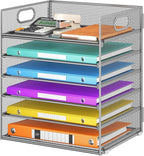 6 Tray Paper Organizer Letter Tray with Handle - Mesh Desk File Folder Holder, Paper Sorter for Office, Home or School - Silver