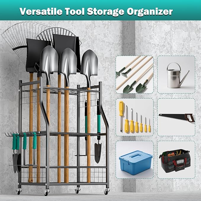 EVERHANGER Garden Tool Organizer Stand, Garage Tool Storage Organization, Yard Tool Racks with lockable wheels, Fit for Long-Handled Tools/Rakes/Brooms, Indoor/Outdoor Use