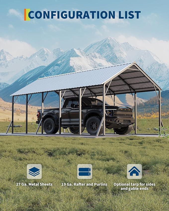 Garvee 13x26 ft Metal Carport Kit, 120° Steep-Pitch Vertical Roof for Snow Shedding, 133" High-Clearance RV & Boat Shelter, Heavy-Duty Long-Reach Car Port with Reinforced Frame