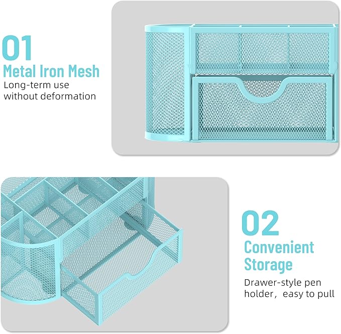 SUPEASY Mesh Desk Organizer, Desk Accessories & Workspace Organizers with Drawers, Pencil Holder for Desk with 9 Compartments for Office Suppliess, 8.6 x 4.3 x 4.1 Inch, Blue