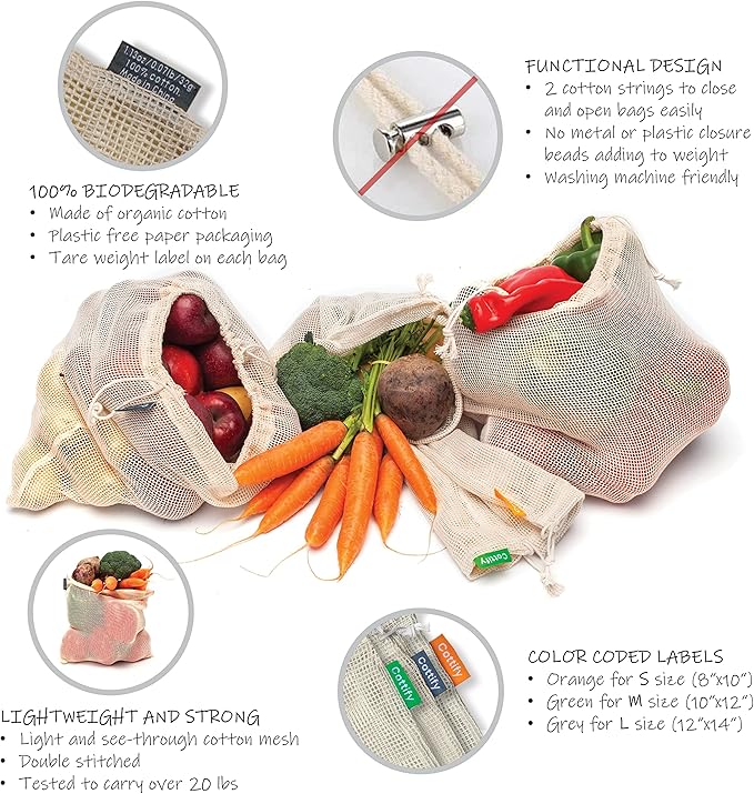 12+1 Reusable Produce Bags Grocery Washable, Organic Cotton Mesh Produce Bags, Double-Stitched & Tare Weigh, Mesh bags for vegetables, Cotton Produce Bags Reusable Washable, Produce bag 4xS, 4xM, 4xL
